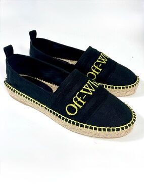 Off-White Bookish Logo Espadrille Black Size 38 NEW Flat Cotton Linen Summer